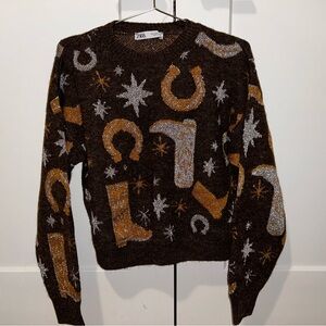 Zara Brown Sweater with Gold and Silver Western Patterns